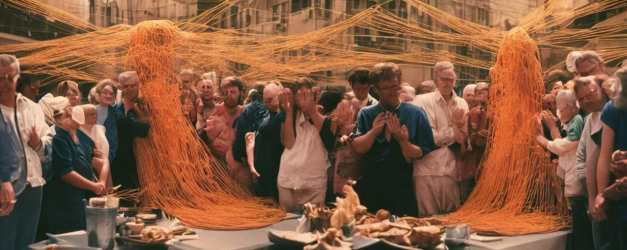 Prompt: a group of people praying to a giant spaghetti deity, canon 5 0 mm, cinematic lighting, photography, retro, film, kodachrome