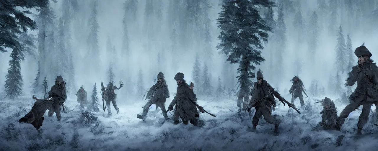 Prompt: soldiers with russian hats and long woolen coats fighting undead monsters in tundra between pine trees, digital painting, volumetric lighting, concept art, artstation, 8 k