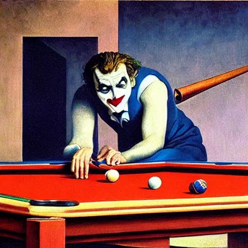 Prompt: the joker playing pool by tooker, george, surrealism, magical realism, scene