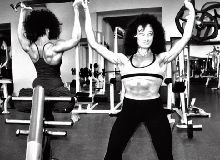 Image similar to Photos from the 80's. A muscular woman is working out in the gym.