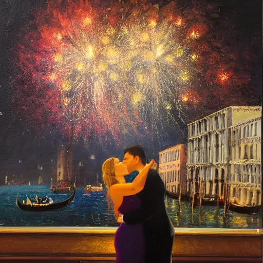 Image similar to an oil painting of couple kissing, in a background fireworks in venice