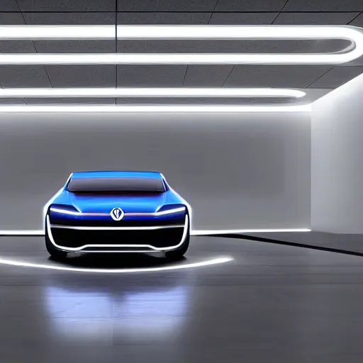 Prompt: volkswagen ID vizzion concept supercar in a grey showroom :: studio lighting reflecting on the car's paint