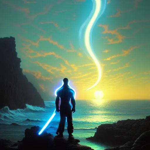 Prompt: tron yoda in front sunset, cliffside ocean scene, backlit, diffuse lighting, hyper realistic, elegant, intricate, hyper detailed, smooth, sharp focus, concept art, illustration, trending on artstation, art by artem demura, greg rutkowski, james gurney, and alphonse mucha