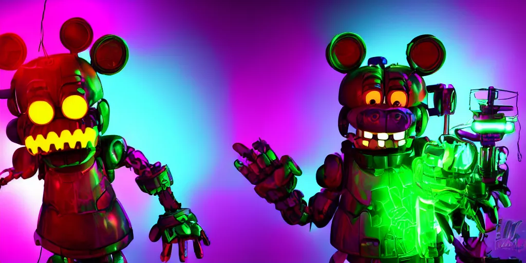 Image similar to fnaf freddy, cyberpunk, rgb, neon, hd, cinematic,