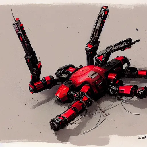 Image similar to spider robot, military, black and red, detailed, mechanical, by greg rutkowski and jakub rozalski