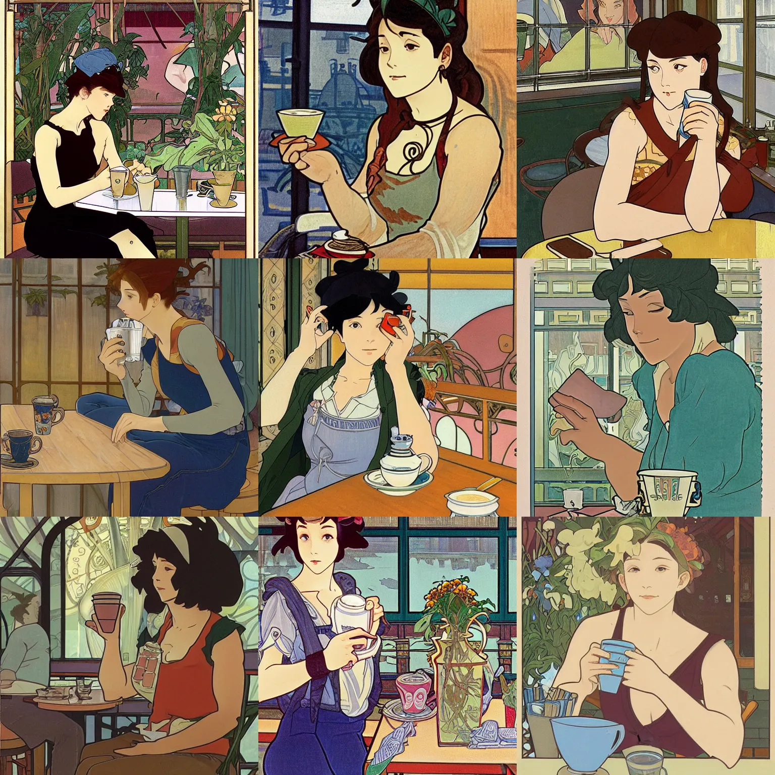 Prompt: Woman wearing a tank top and jeans sipping a coffee in a café, by Studio Ghibli and Alphonse Mucha