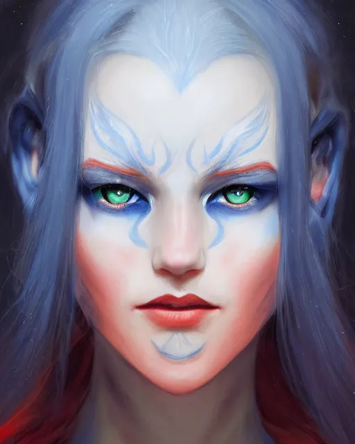 Image similar to A detailed matte oil on canvas head on symmetrical portrait of a distinguished elven woman with a blue eye and a red eye, and red and blue hair (((((makeup))))) by Charlie bowater and lise deharme wlop, trending on artstationhd, dungeons and dragons art critical role