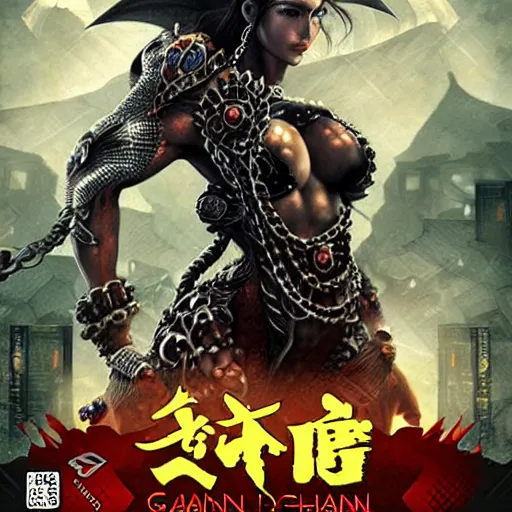 Prompt: Dragon Woman in chains, game poster printed on playstation 2 video game box , Artwork by Huang Guangjian, cinematic composition