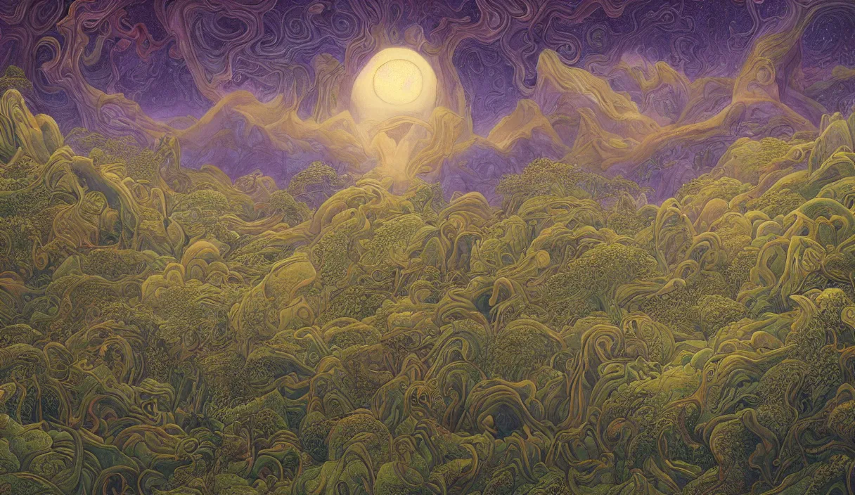 Prompt: psychedelic universe fog, detailed by marianne north by moebius