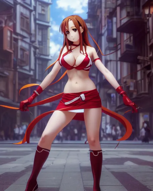 Image similar to pinup photo of asuna from sao in the crowded square of the city, asuna by a - 1 pictures, by by greg rutkowski, gil elvgren, enoch bolles, glossy skin, pearlescent, anime, very coherent, maxim magazine, 3 d, vray, unreal 5, maya