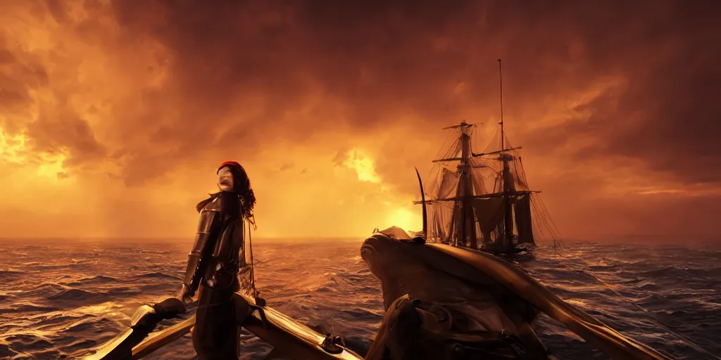 Image similar to medieval woman ship pilot from behind standing at the bow of a ship at sea, dramatic golden neon sunset with thick wall of storm clouds and turbulant seas with land in the distance, dynamic lighting, hyperrealistic, HD 4k, artstation