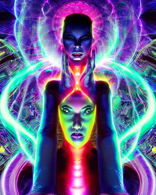 Prompt: a powerful energy psychedelic matrix woman, by alexander fedosav, hyper detailed digital matte painting, concept art, hyperrealism, 1 6 k resolution, cinema 4 d, 8 k resolution, trending on artstation, behance hd, a masterpiece, by stephan martiniere, particles, cel - shaded, power bright neon energy, by david a. hardy,