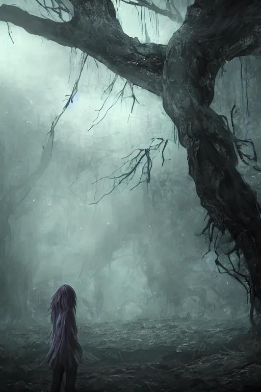 Prompt: plasma body, anime spectral female character, emerge from big old creepy tree, mist aura, black eyes melt, full body portrait, photorealistic, volumetric lighting, octane rendering, dark and mysterious, atmospheric, ominous, creepy, cinematic, real, concept art, Epic, 8k, 4k, ultra detail, ultra realistic, trading art station, rendered by awesomeness