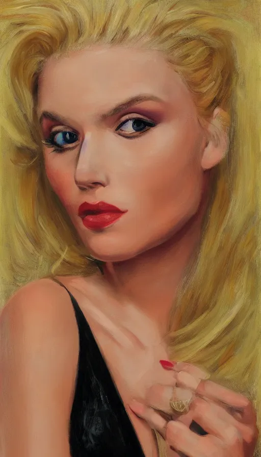 Prompt: portrait of a blonde femme fatale by Glen Orbik, 8K