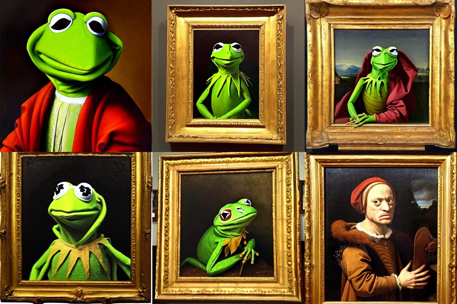 Prompt: renaissance masterpiece portrait of kermit the frog, old flemish masters, oil painting, museum centerpiece