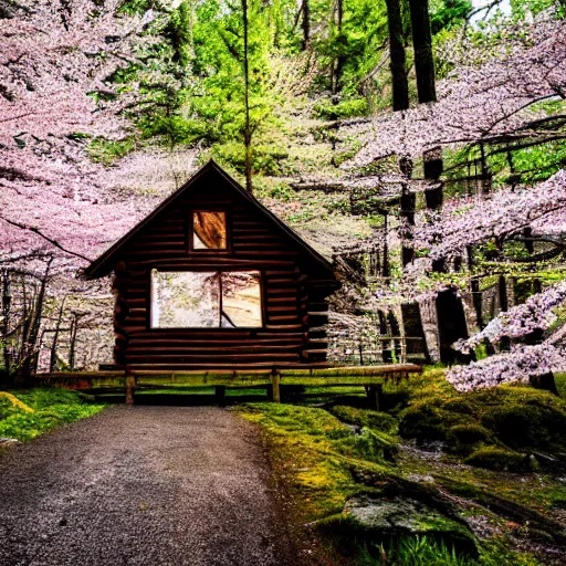 Image similar to forest cabin realistic photography 1 5 0 mpx wide angle lake deer cherry blossom