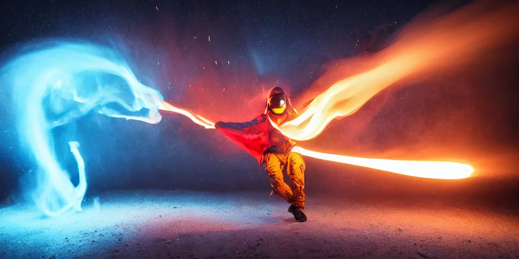 Prompt: fisheye slow motion with trail fire effect of futuristic break dancer wearing long dark cloak and golden helmet emitting blue and red fire, long exposure shot , enigmatic, at night in the middle of the arctic with red light A letter, paddle of water, steam, fog, water splashes, rim lights, glossy reflections, water droplets on lens, octane render, Volumetric dynamic lighting, stunning cover magazine, high details, hajime sorayama