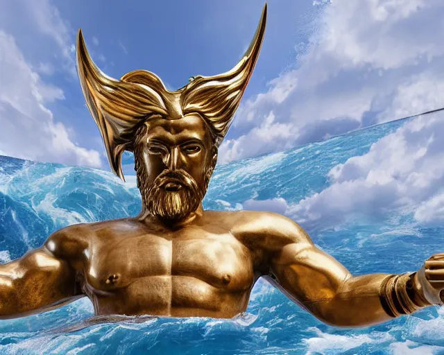 Prompt: a giant abstract sculpture of a legendary greek warrior god on the water, in the style of jeff koons, award winning, cinematic, hyper - realistic, very detailed, realistic water splashes, ray tracing, 8 k resolution, long - shot, sharp focus, low angle, 8 5 mm photograph, wide lens