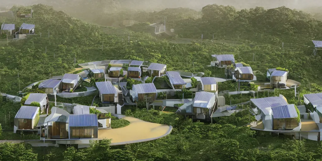 Image similar to hypermodern eco-village connected houses with solarpanels integrated in nature, opposite of urban sprawl, forte gimenes marcondes ferryz arquitetos detailed, octane render, photo realism, 3D, ray tracing, photo realism