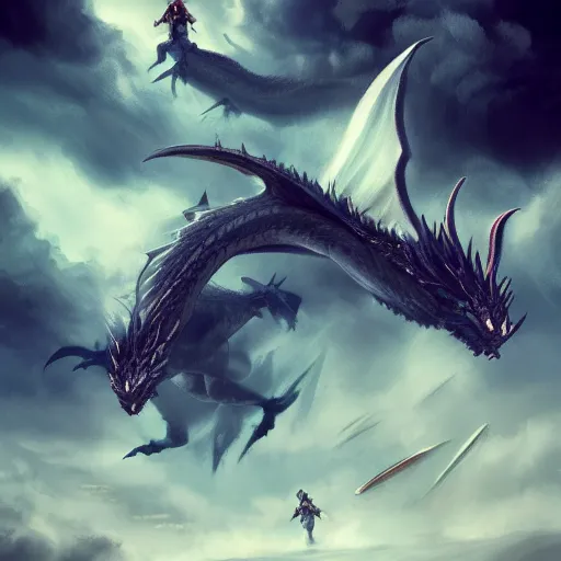 Image similar to a battle between two dragons in a stormy sky by David Villegas , trending on artstation