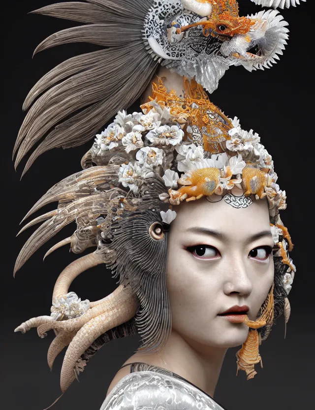 Image similar to 3 d goddess close - up 3 / 4 portrait with ram skull. beautiful intricately detailed japanese crow kitsune mask and clasical japanese kimono. betta fish, jellyfish phoenix, bio luminescent, plasma, ice, water, wind, creature, artwork by tooth wu and wlop and beeple and greg rutkowski