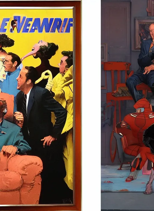 Image similar to a still from the tv series seinfeld and a still from the film avengers : infinty war of francis bacon and norman rockwell and james jean, a still from the movie godfather by mark brooks, triadic color scheme, by greg rutkowski, syd mead and edward hopper and norman rockwell and beksinski, dark surrealism, orange and turquoise