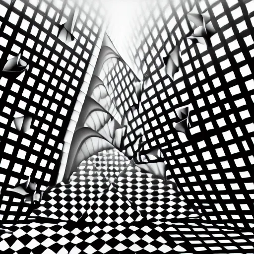 Image similar to A black and white freemasonic chequered surrealist digital painting of a stairway to into the clouds in the art style of jeff koons, Gilbert williams, Edwin Frederic Church and Christopher Balaskas, trending on artstation, 4k UHD