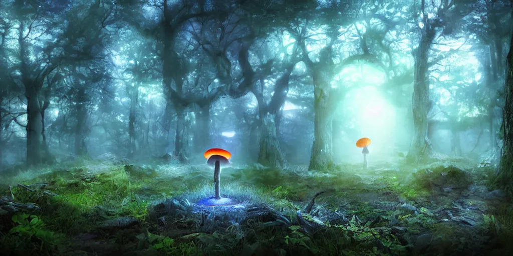 Prompt: a hiker discovers a large portal to an alternate dimension in a dark gloomy foggy fantasy mushroom forest, blue lights suround the portal, large mushrooms, high quality rendering, digital art