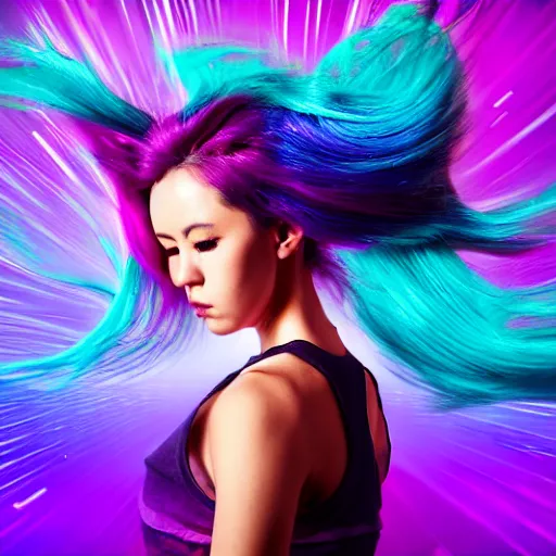 Image similar to a award winning half body shot of a beautiful woman in a croptop with a ombre purple pink teal hairstyle with head in motion and hair flying, outrun, vaporware, vivid colors, highly detailed, fine detail, intricate