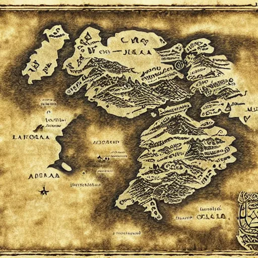 Image similar to middle earth style world map, medieval map, 8 k,