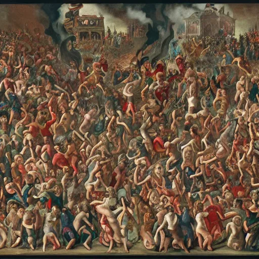 Image similar to where's wally in a crowd scene of, hellfire, demons, highly detailed