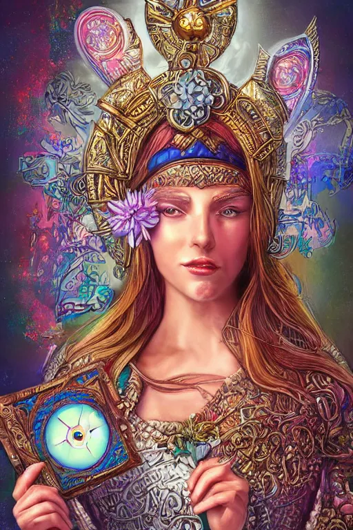 Image similar to opalescent retrofuturistic digital airbrush illustration of a viking wearing an ornate gpu headpiece and holding a flower with a map of the collective subconscious in the background by luigi patrignani