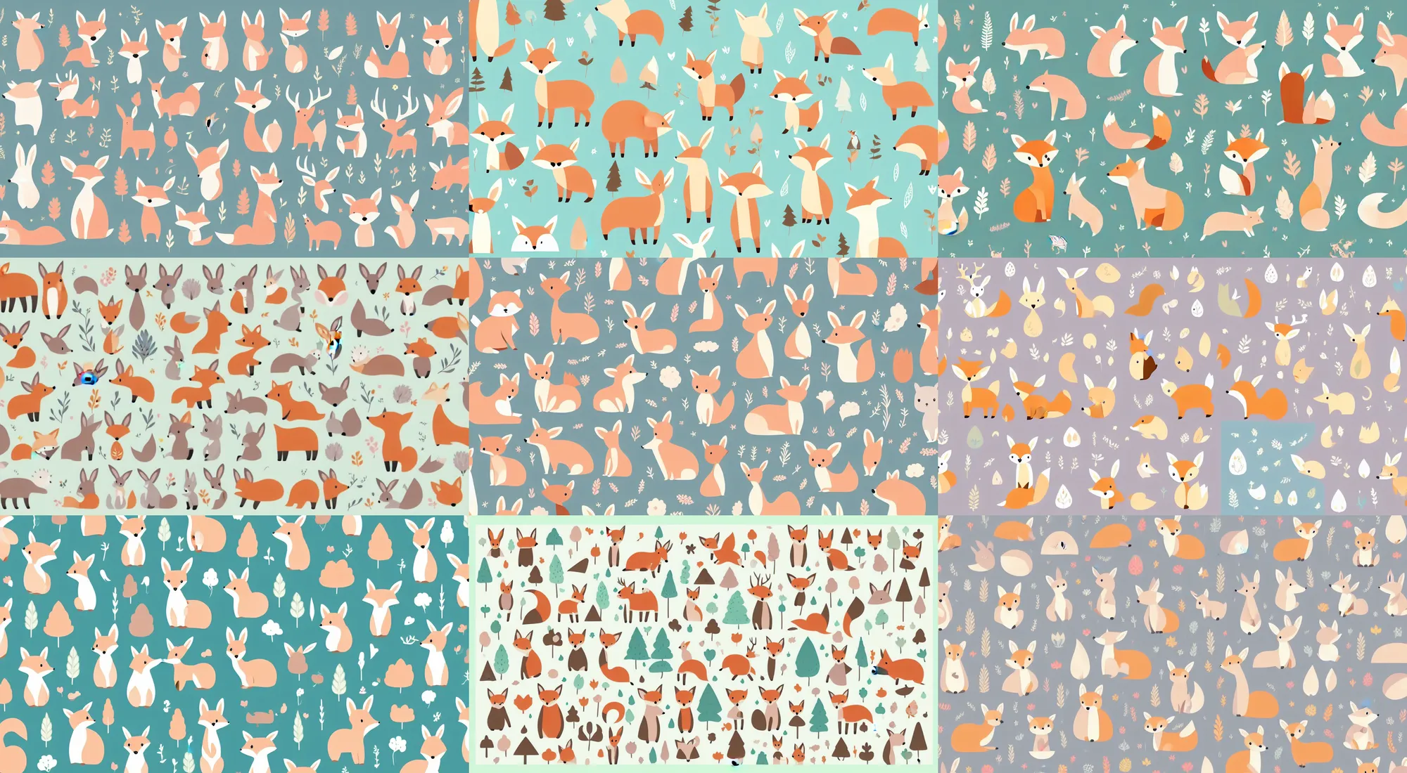 Prompt: scandinavian animals illustration, pastel colors, childrens illustrations, deer, fox, bear, squirrel, hedgehog, wolf, rabbit, neutral baby designs, creativemarket