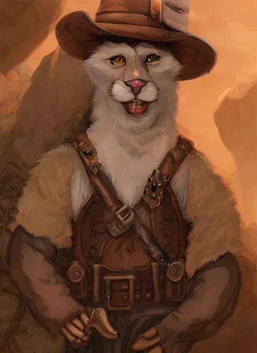 Image similar to fursona commission of a anthro albino mountain lion wearing old-timey miner's clothes. pretty, beautiful, DnD character art portrait, matte fantasy painting. Desert mining town. DeviantArt Artstation, by Jason Felix by Steve Argyle by Tyler Jacobson by Peter Mohrbacher, cinematic lighting