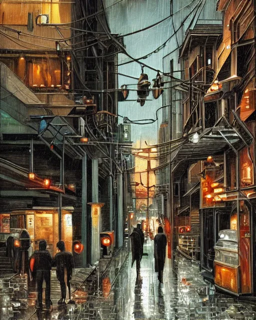 Image similar to dark rainy cyberpunk city life, street with open food places, by de chirico