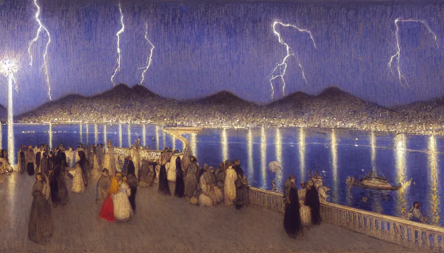 Image similar to a ultradetailed beautiful painting of the night sky of the rio de janeiro palace balustrade designed by jules bastien - lepage, tarsila do amaral, frank weston and gustave baumann, beach, trending on artstation, mediterranean, palm trees, sharp focus, lightning sparkles refraced lines, soft light, 8 k 4 k