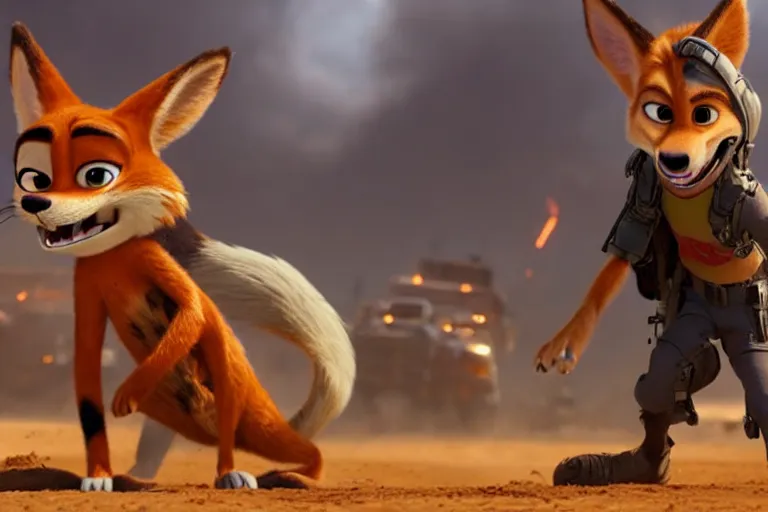 Image similar to nick wilde ( from zootopia ), heavily armed and armored facing down armageddon in a dark and gritty reboot from the makers of mad max : fury road