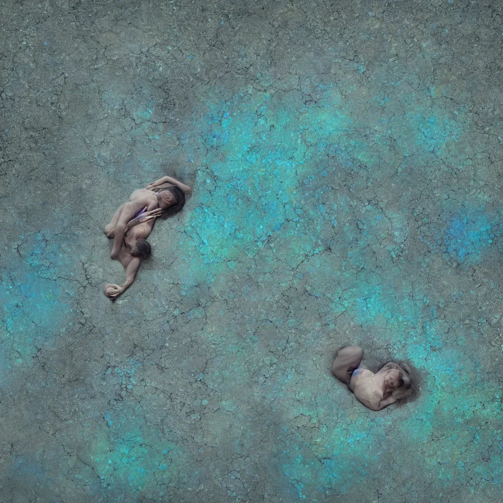 Image similar to overhead view of iridiscent oil slick and eroded stones with a woman's connected by a transparent pipe to a baby buried, faded, gradient, depth of field, ultra realistic, very detailed, glitch, by nadav kander, 8 k hyper realistic detailed cinematic