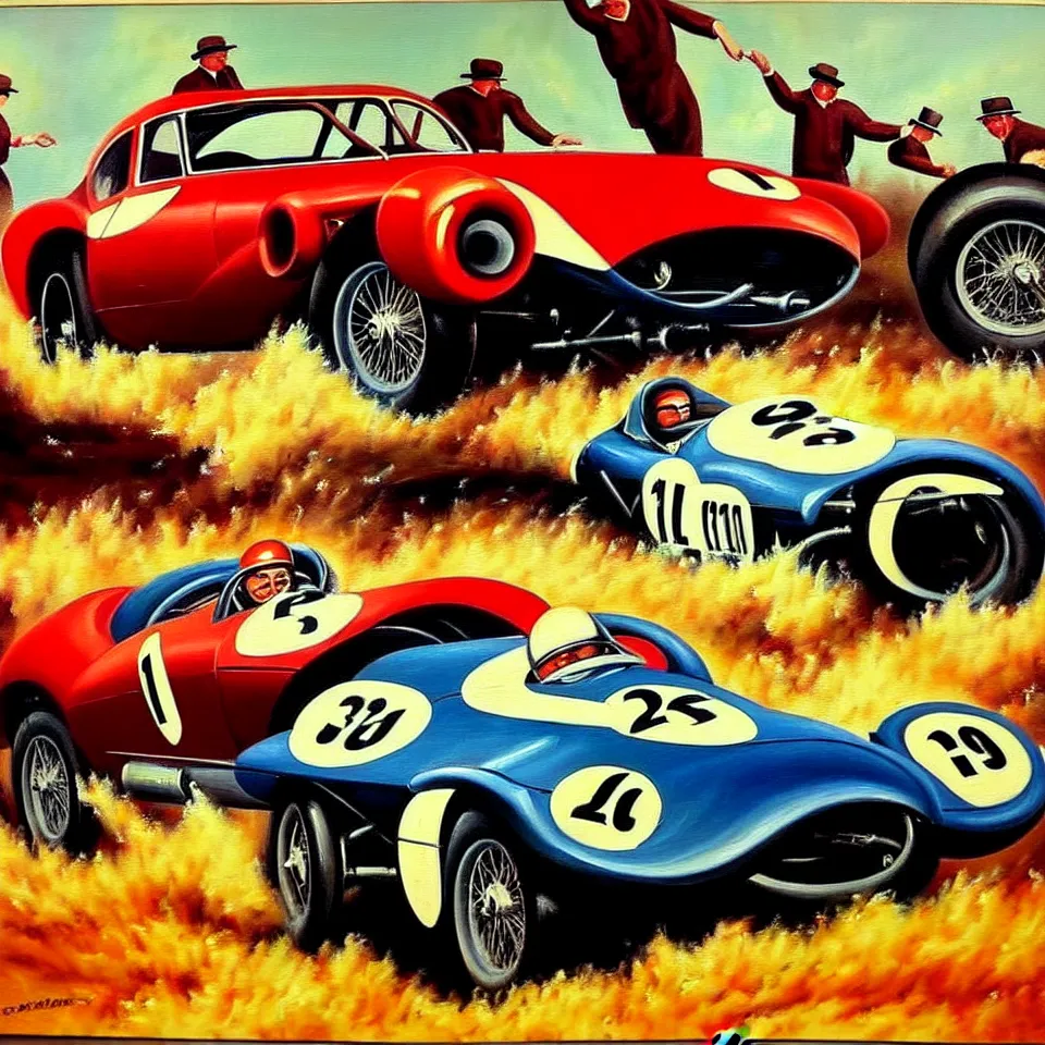 Image similar to a oil painting of a vintage car racing poster