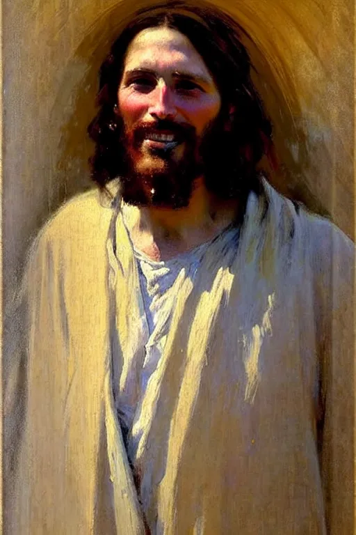 Image similar to impressionist brushstrokes!!!!!!!!! solomon joseph solomon and richard schmid and jeremy lipking victorian loose genre loose painting full length portrait painting of jesus with a slight smile happy inviting