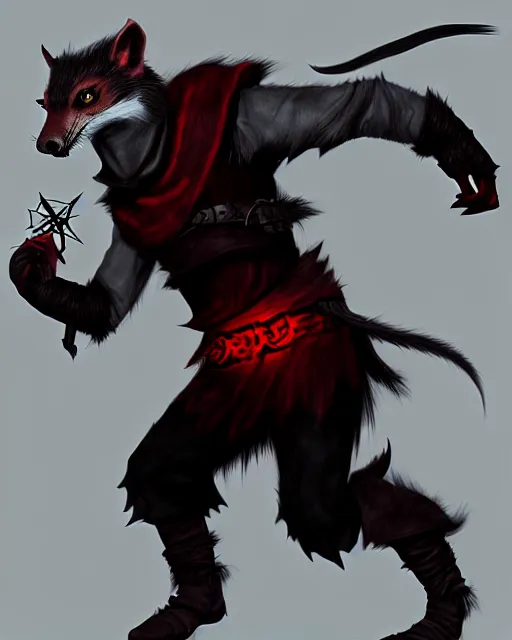 Prompt: inigo the fully - voiced red / black roguish handsome weasel thief companion, skyrim mod, photorealistic, dungeons & dragons concept fanart by liam wong