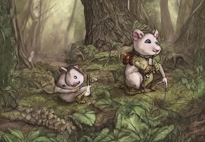 Image similar to possum dressed as an adventurer, hidden in the forest, colorized, highly detailed, 4k, trending on Artstation, award-winning, art by Maurice Sendak