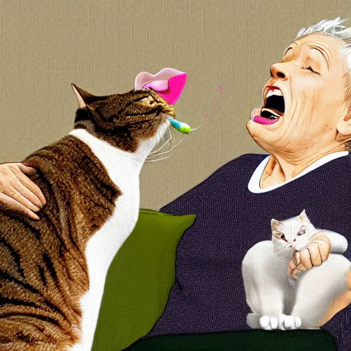 Prompt: an old woman opening her mouth wide and a cat jumping into it