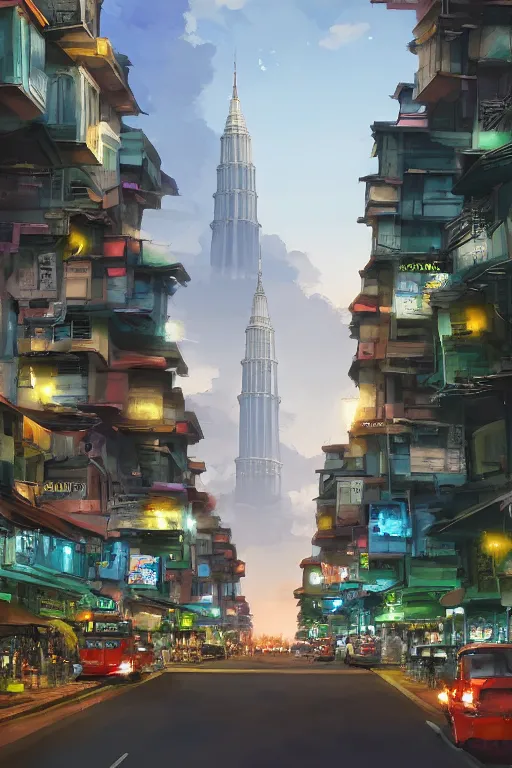 Prompt: hawker street with kuala lumpur twin towers in the background, evening, highly detailed matte painting, studio ghibli, artstation