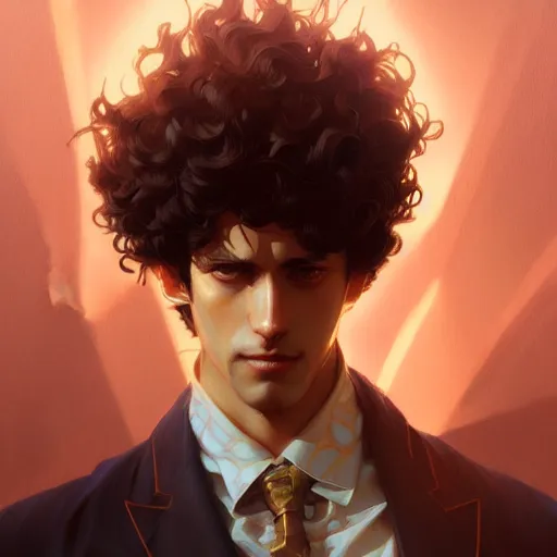 Image similar to Spike Spiegel, fantasy, intricate, elegant, highly detailed, digital painting, artstation, concept art, matte, sharp focus, illustration, art by Artgerm and Greg Rutkowski and Alphonse Mucha