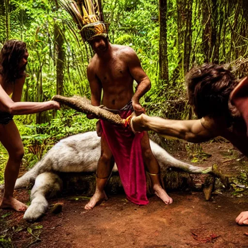 Prompt: spartan doing ayahuasca ritual with wolf and shaman at camp fire, jungle background, full moon with stars, hyper realistic award winning photographic portrait photography, dramatic cinematic lighting