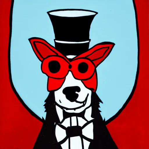 Prompt: portrait of a dog wearing a suit and a top hat and a monocle on one eye, hand drawing, red and black colors