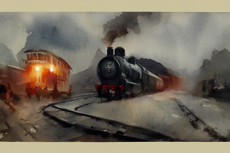 Image similar to small centered on watercolor paper, paint brush strokes, abstract watercolor painting of steam train voyage, cinematic light, national romanticism by anders zorn, by hans dahl, by jesper ejsing, by greg rutkowski, by greg manchess, by tyler edlin, by craig mullins