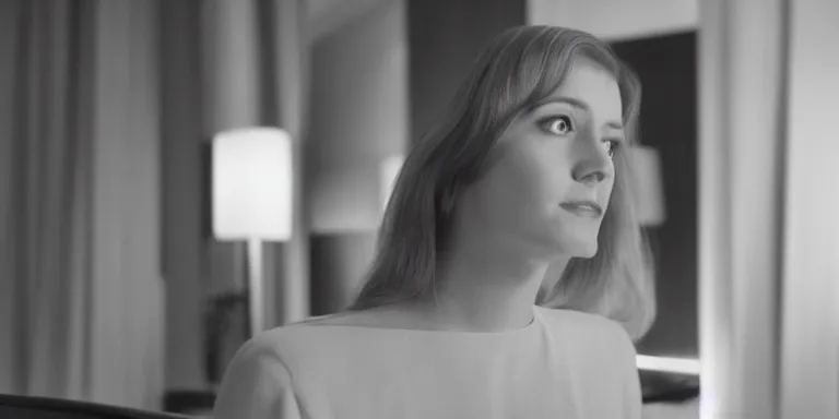 Prompt: photorealistic close up shot Cinematography of a Beautiful woman at night in a mid century modern apartment shot on film at magic hour with the sun shining into a large 60's hotel lobby room filled with volumetric haze by the shining Cinematographer john alcott on a cooke panchro 18mm lens .