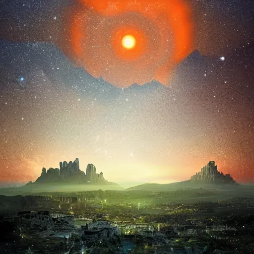 Prompt: digital art perspective shot from a ledge high in the air of a massive varied and ancient fantasy landscape, ruins and massive cities in the distance, jagged mountains in the background at the edges of the landscape, centered in the middle on a bright orange gigantic jellyfish hovering in the distant twilight sky in the middle of the frame, illuminated stars and galaxies, verdant field in the foreground